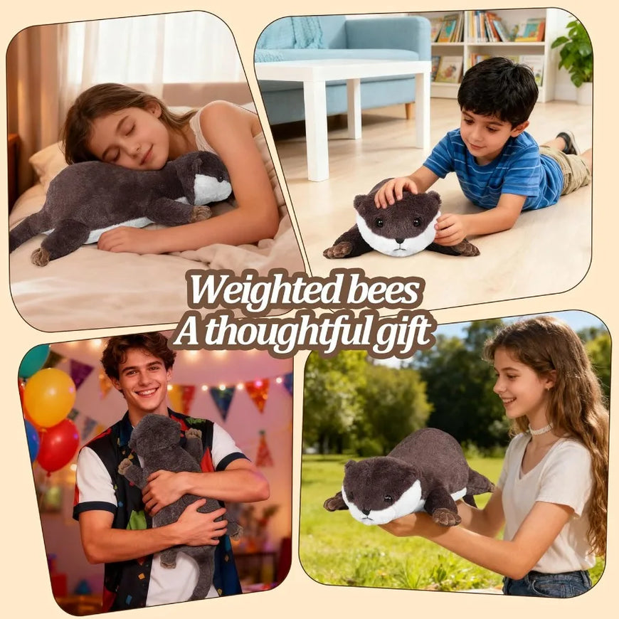 Collage of people interacting with weighted plush toys in various settings.