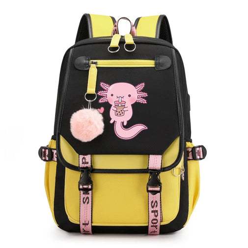 Yellow and black backpack with pink axolotl design and pom-pom on a white background