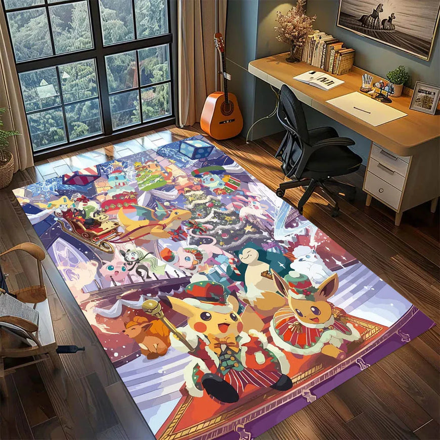 A large rectangular area rug featuring colorful Pokémon holiday characters and scenes, shown in a furnished room with a desk, chair, window, and guitar.