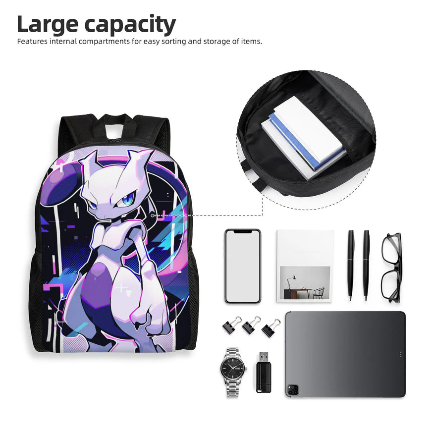 A backpack featuring a large graphic print of Mew from the Pokémon franchise, displayed on a clean white background with promotional text and various accessories shown around it to demonstrate its storage capacity.