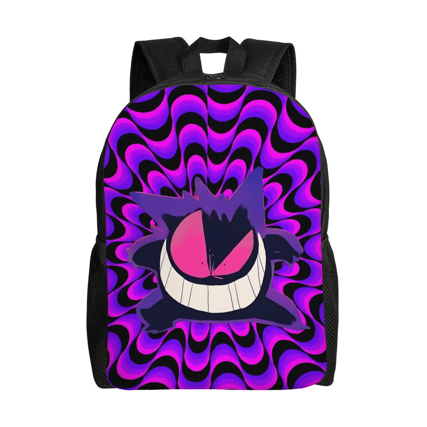 A black backpack featuring a vibrant purple and pink psychedelic swirl pattern with a large cartoon character face on the front, shown against a plain white background.