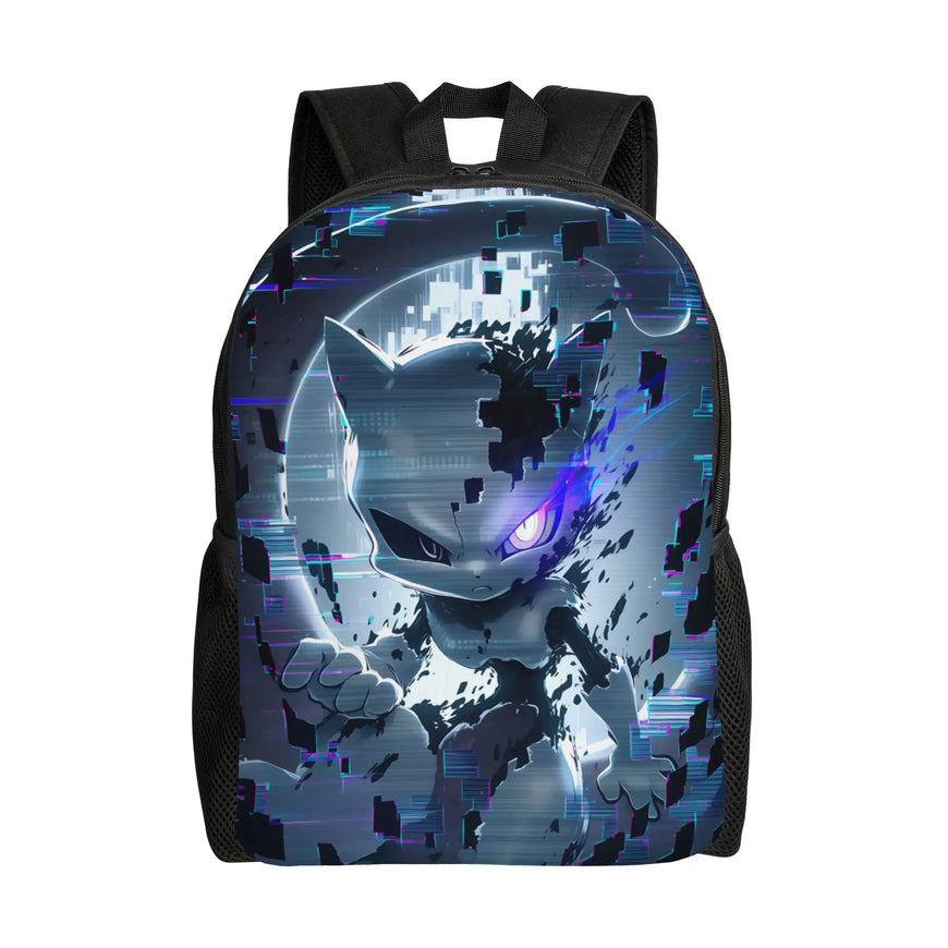 Backpack with a digital graphic design of a character on a white background