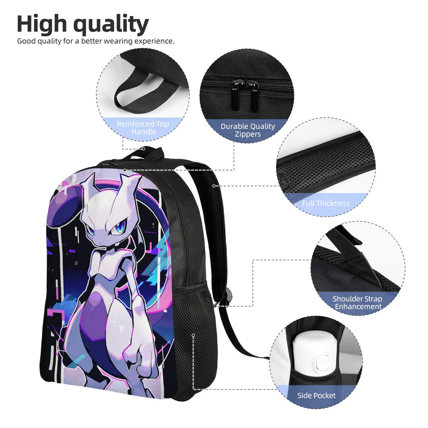 A black backpack with a large printed anime character graphic on the front, shown on a white background with callout circles highlighting features such as reinforced trim, durable zippers, full thickness, shoulder strap enhancement, and a side pocket.