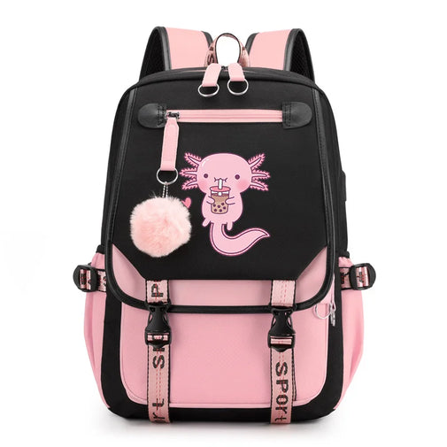 Pink and black backpack with axolotl design and pom-pom on a white background