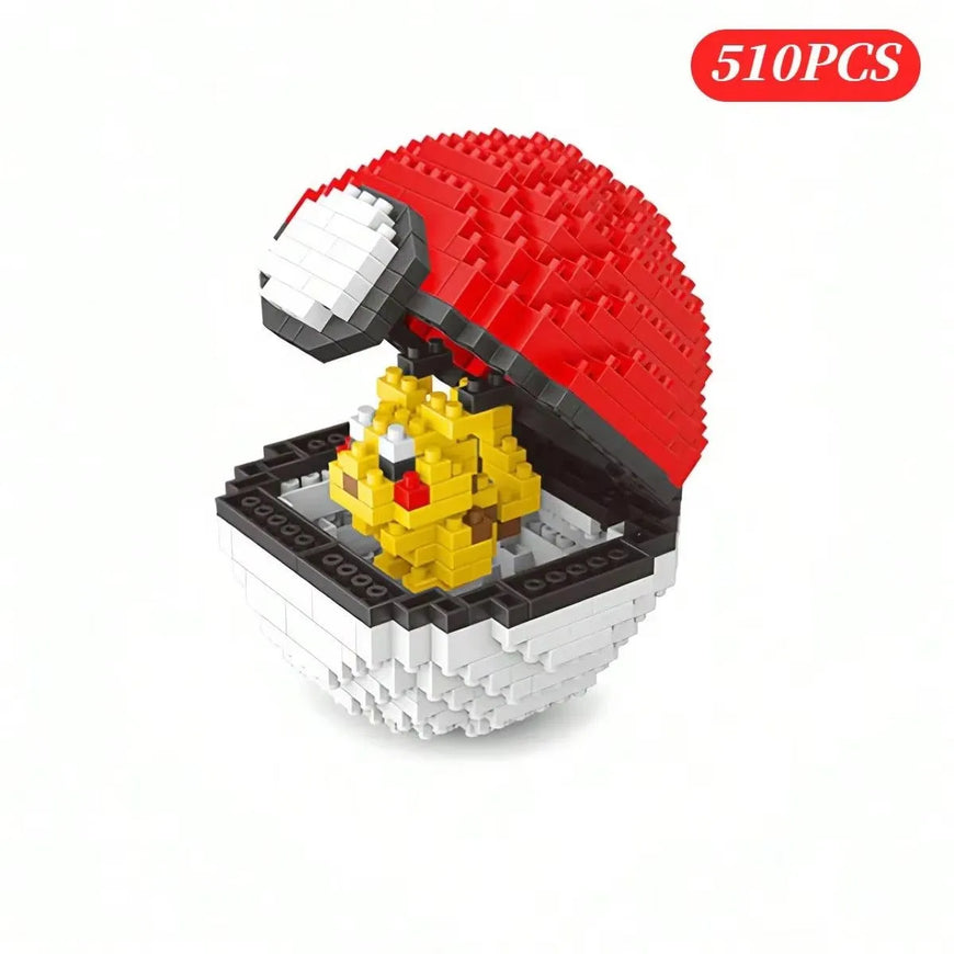 A 510-piece micro block set of a Pokéball with a yellow pixelated character inside, shown on a clean white background with a red '510PCS' badge in the top right.