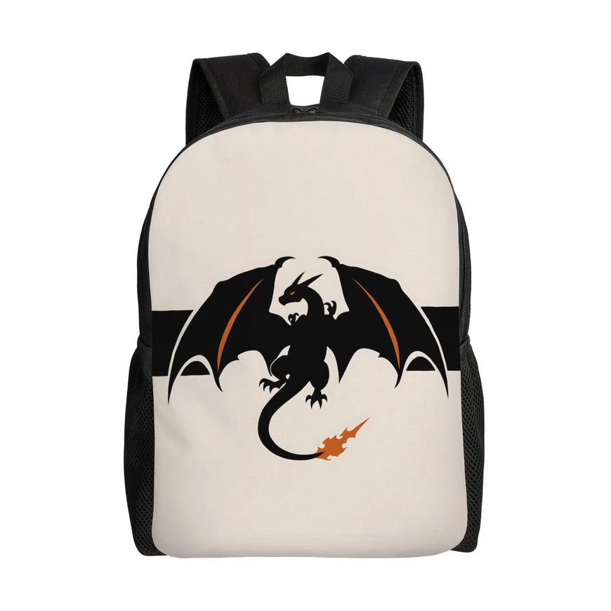 A cream-colored backpack with black mesh side pockets and black straps, featuring a graphic of a black dragon with orange wing and tail flame accents on the front.