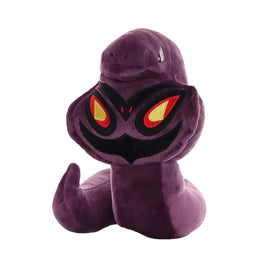 Purple plush toy with glowing red eyes on a white background