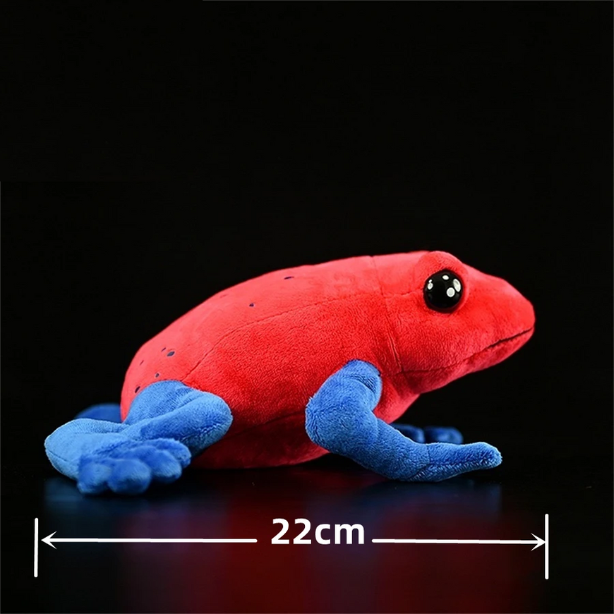 Red and blue plush frog toy with a measurement label on a black background