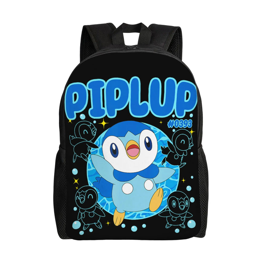 A black backpack featuring a large graphic print of Piplup from Pokémon, with the word 'PIPLUP' in bold blue letters and smaller Piplup illustrations around the main character, shown on a plain white background.