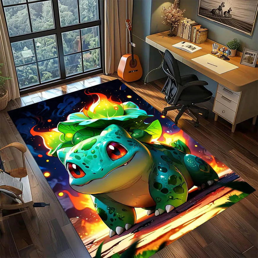 A large rectangular area rug featuring a colorful 3D-style illustration of Bulbasaur from Pokémon, shown in a modern home office setting with a desk, chair, window, and guitar.