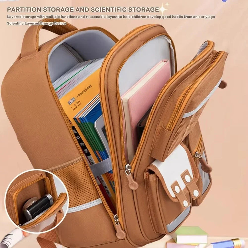 Brown backpack with multiple compartments and a pen holder, on a beige background.