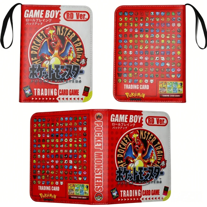 Three views of a Pokémon Trading Card Game Game Boy ROM Ver. portfolio case, showing the front cover, interior card pockets, and spine on a white background.