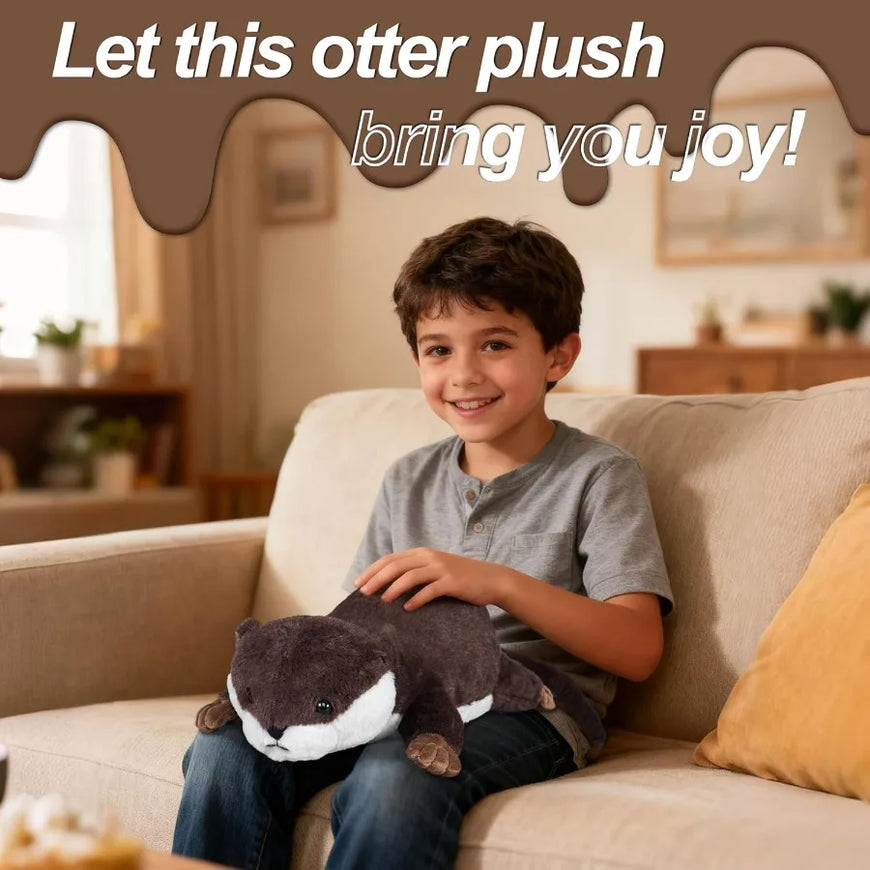 Child holding an otter plush toy on a couch with text 'Let this otter plush bring you joy!'.
