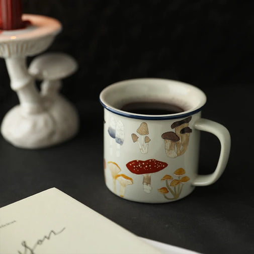 Mug with mushroom design on a dark surface