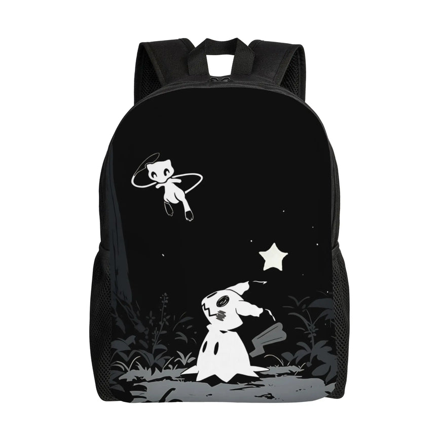 A black backpack featuring a white graphic print of a ghost-like character sitting on the ground and looking up at a floating character under a star, set against a plain white background.