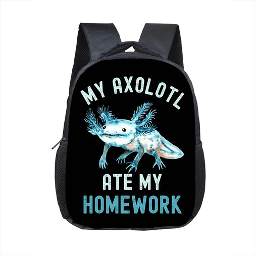 Black backpack with axolotl graphic and text on a white background
