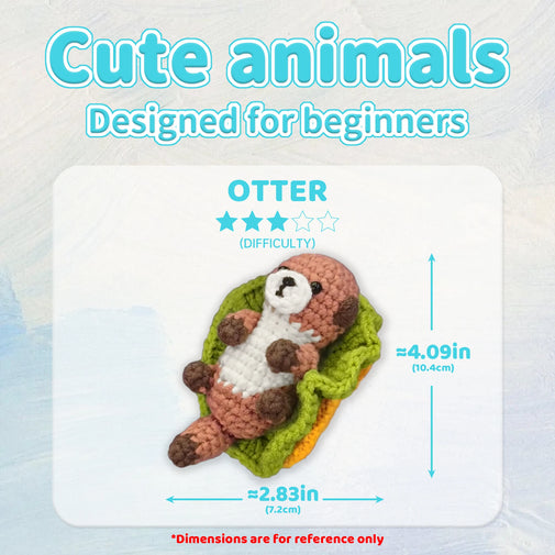 Crocheted otter toy with dimensions and difficulty rating on a light blue background