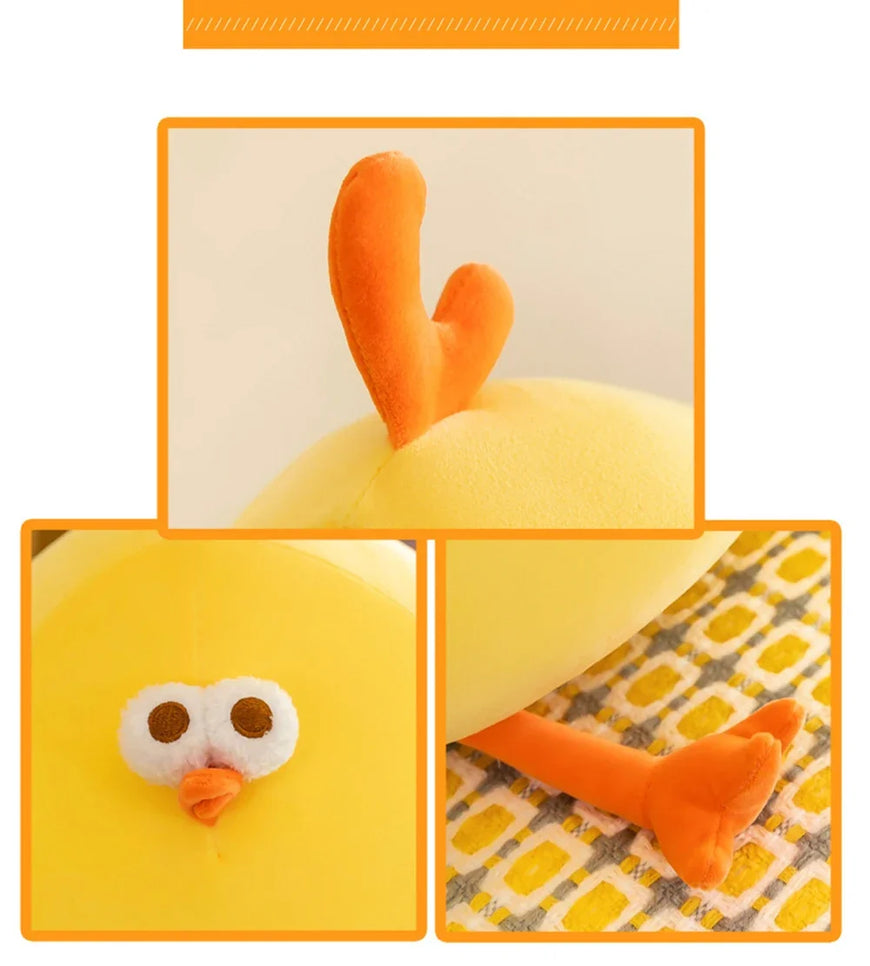 Collage of a yellow duck plush toy with orange feet and beak, on a neutral background.