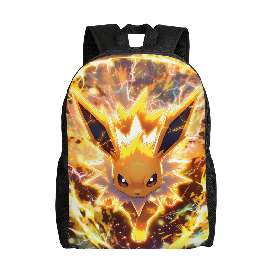 A black backpack featuring a large, vibrant graphic print of the Pokémon character Eevee surrounded by bright yellow and orange lightning effects, shown against a plain white background.