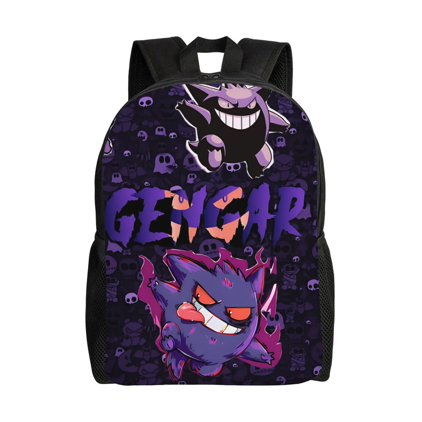 A black backpack featuring a Gengar-themed graphic print with the word 'GENGAR' in purple and orange, a large cartoon Gengar at the bottom, and smaller Gengar illustrations on a dark patterned background.