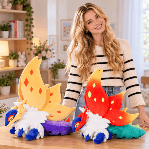 A woman stands behind two plush dragon toys on a table in a bright, cozy room. The plush dragons have colorful wings and bodies, with one featuring yellow wings and a purple body, and the other featuring red wings and a teal body.