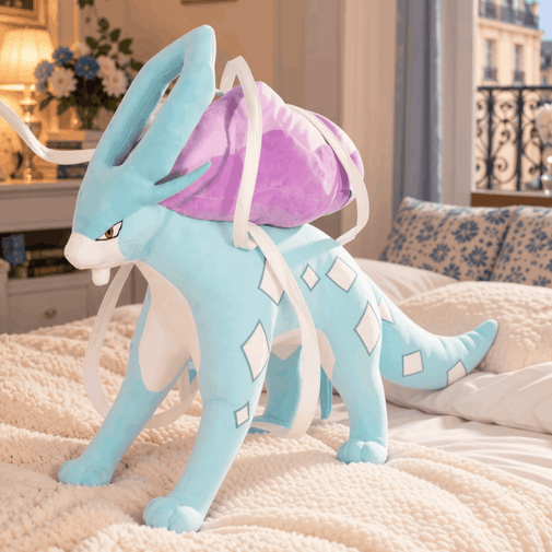 A light blue and purple plush toy backpack shaped like a dragon, shown worn on a bed in a cozy bedroom setting.