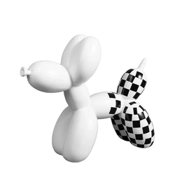 White balloon dog sculpture with a checkered pattern on a white background