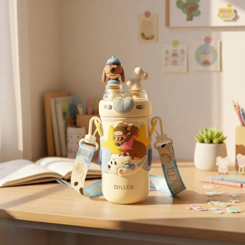 A cute cream-colored water bottle with cartoon dog characters, a yellow star, and a blue strap, sitting on a wooden desk in a warm, decorated room.