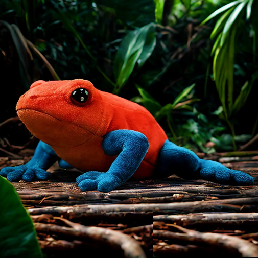 Plush toy frog with orange body and blue legs on a natural background