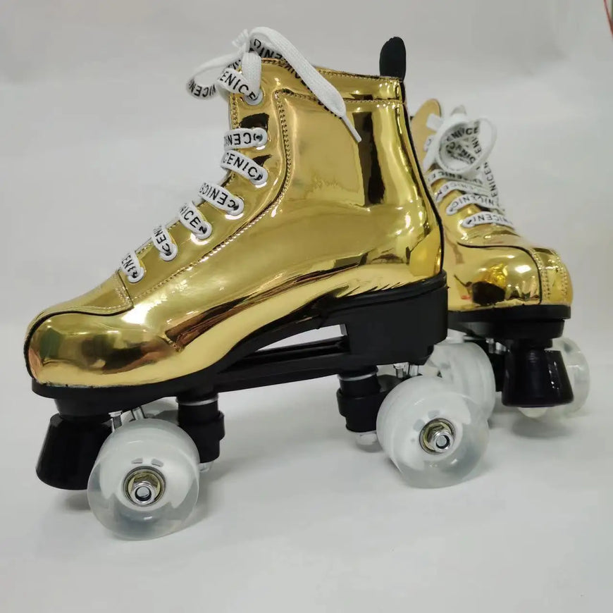 Gold Silver Leather Roller Skates Skating Shoes Furvenzy
