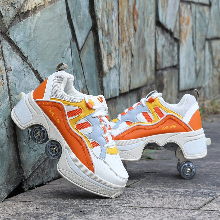 Four-Wheel Dual-Use Skating Shoes Furvenzy Orange Men's 2.5 (Ladies 3.5)